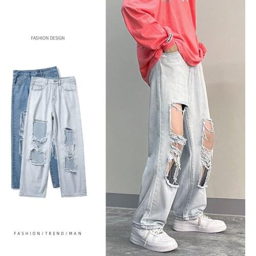 Men Ripped Hole Baggy Jeans Mens Harajuku Streetwear Hip Hop Pants Vintage Oversized Denim Pants Loose Joggers For Male