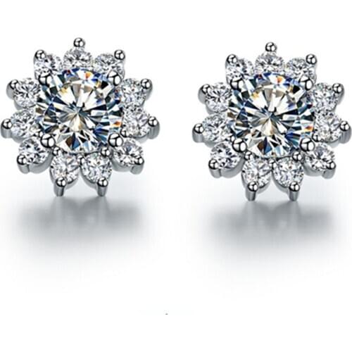 Sunflower Earrings Wholesale 1Ct/Piece 925 Sterling Silver Jewelry Stud Carbon Earrings Women Engagement Stud White Gold Plated