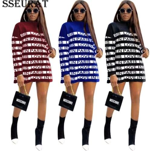 SSEURAT 2021 New Autumn Women Casual Long Sleeve Letter Striped Dresses Loose Plus Size Dress Vestidos