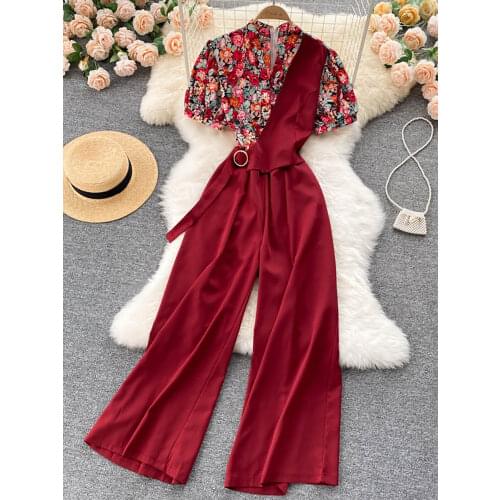Summer Vintage V-Neck Short Sleeve Printed Patchwork Romper Women Casual High Waist Wide Leg Fake 2Pcs Set Jumpsuits 2021 New