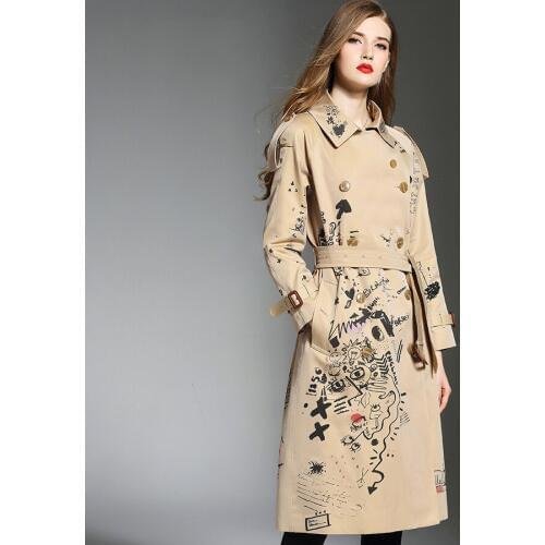 2018 luxury design Womens trench coat top quality sketch printing loose X- long coat cover knee female plus size outerwear