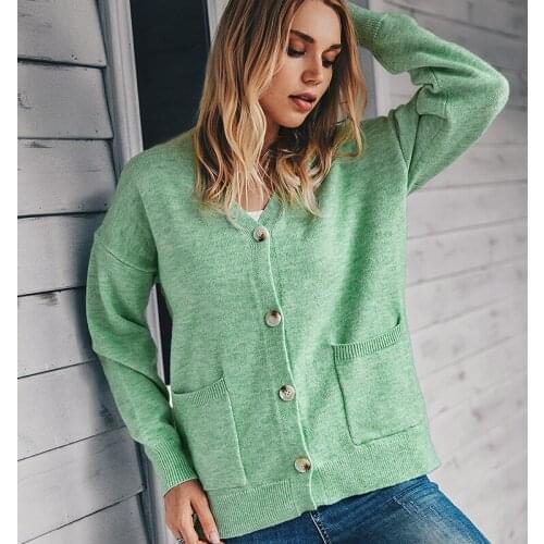 Womens knitted cardigan single breasted long sleeved outer clothes ladies autumn basic sweaters solid color with pockets