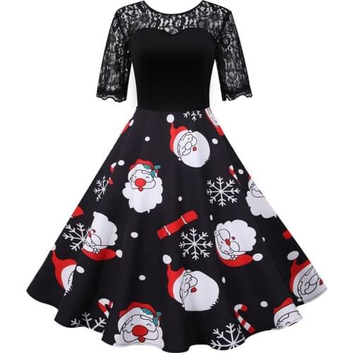 Christmas Dress Womens Short Sleeve Lace Santa Claus Print High Waist Elegant Vintage Winter Xmas Party Clothes Plus Size