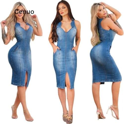 2021 Fashion Skinny Dresses Casual Office Lady Clothing Womens Summer V Neck Sleeveless Slim Fitting Denim Midi Dress