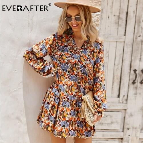 EVERAFTER Boho Floral Print Long Sleeve V-neck Dress Women High Waist Button Ruffled Autumn Dresses 2021 Holiday Beach Vestidos