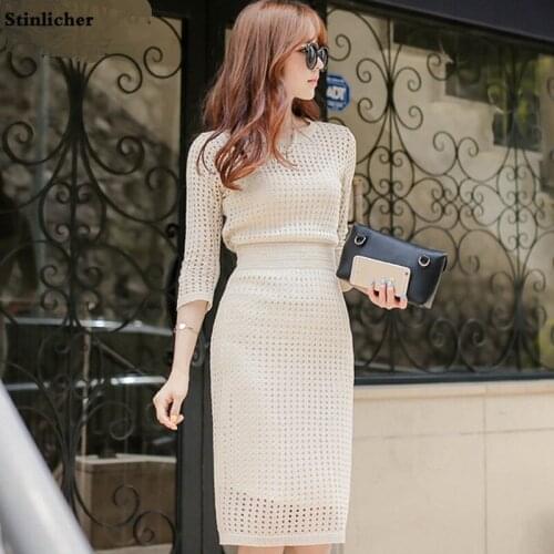 Korean style sexy women dress summer hollow sweater knit dress ladies fashion work pencil dress knee-length midi female robe