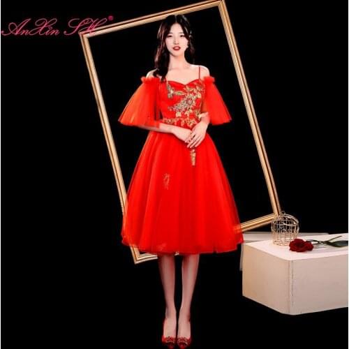 AnXin SH princess golden flower red lace illusion evening dress party vintage boat neck half sleeve bride a line evening dress