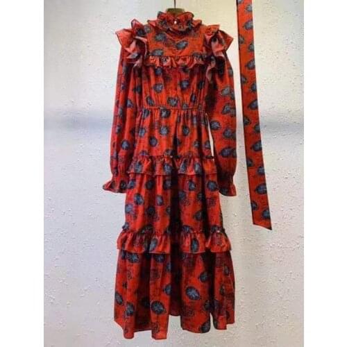 Newest Fashion Dress 2021 Autumn Style High Quality Women Elegant Floral Print Ruffle Deco Long Sleeve Party Red Dress With Belt