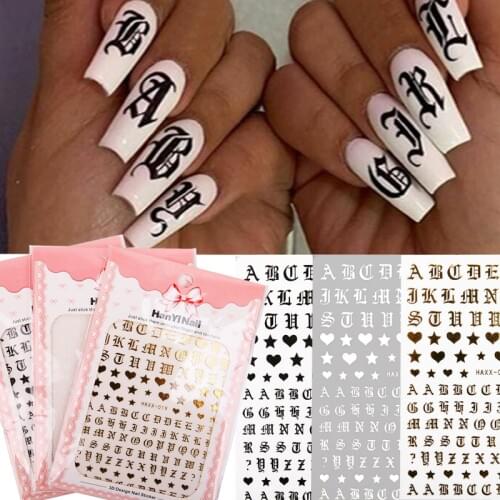 1pcs Letter 3D Nail Art Sticker Nail Decal Gold Letters Black Words Character Nail Adhesive Sticker Decals Nails Decoration DIY