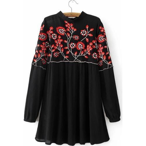 2021 Vintage Floral Embroidery Dress Stand Collar Long Sleeve Women Mini Pleated Chiffon Dresses Black Brand Vestidos