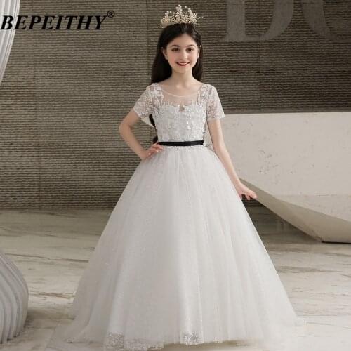 BEPEITHY Short Sleeves Glitter Little Girl Communion Dresses With Black Blet Princess A Line Kids Pageant Gown For Wedding Party