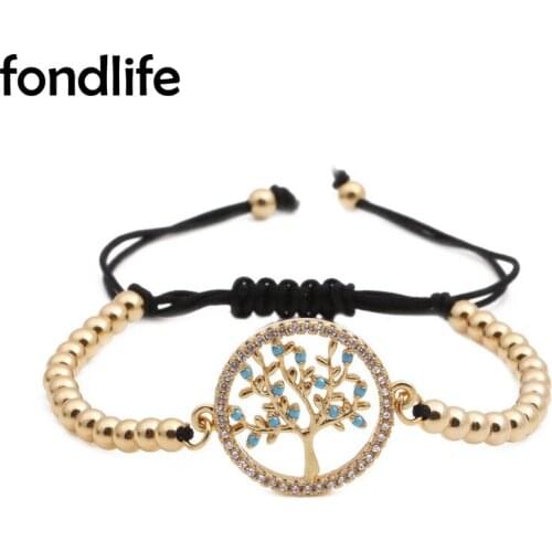 White&Blue Cubic Zirconia Crystal Tree Of Life Charm Bracelet Women Girl Good CZ 4mm Copper Beads Black Cord Macrame Jewelry Her