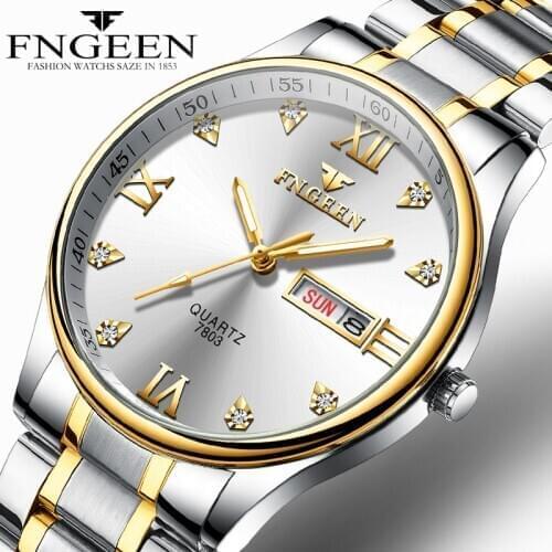 Top Brand Luxury Mens Watches Stainless Steel Waterproof Watches Diamond Quartz Wristwatch Date Week FNGEEN Relogio Masculino