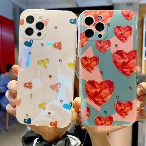 Fashion Rhinestone Red Love Phone Case for IPhone 12Pro 12 11 Pro Max XR XS X XS Max Shockproof Protective Back Cover Girl Gift