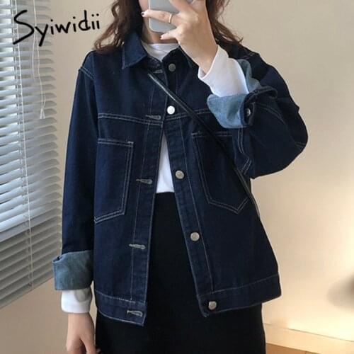 Syiwidii Vintage Jean Jacket for Women Bright Line Wash Blue Denim Jacket Grils 2021 New Spring Fall Big Pocket Retro Jeans Coat