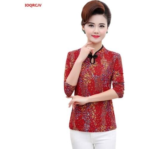 Middle Age Women Tshirt Plus Size 5XL Mother Long Sleeves Shirt Spring Print Blusa Feminina Tops Ladies Cheongsam T-shirt 1861
