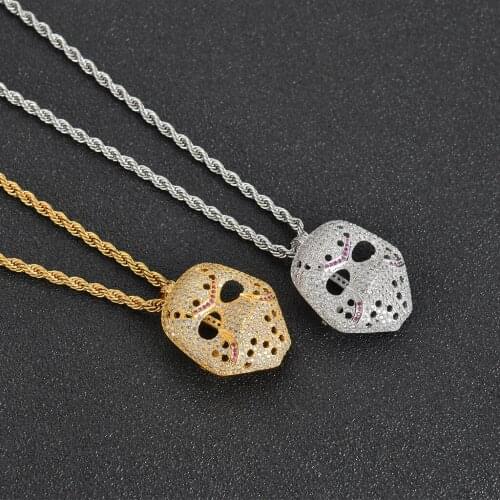 Zircon Mask Pendant With Stainless Steel Chain Bling Iced Out Copper Material Pendant Necklace Hip Hop Men Jewelry Gift