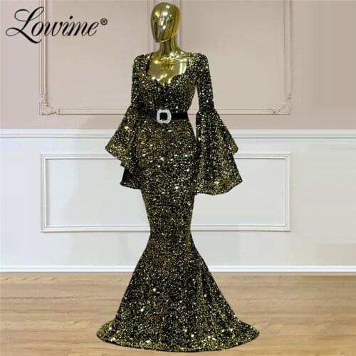 Lowime Gold Sequins Mermaid Evening Dresses Arabic Dubai Long Sleeves Formal Middle East Women Party Gowns Robes Prom Dress Plus