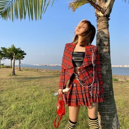 Modern Hot Girls autumn punk red plaid JK suit Metal Chain Pink Jacket and Skirt 2pcs Set