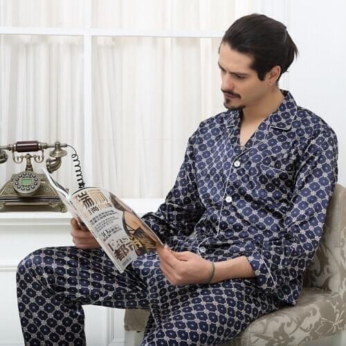 Long Sleeves Printed Pajamas For Mens Comfortable Home Costumes Cozy Rayon Sleepwear Mens Silk Suit For The House Men Large Size