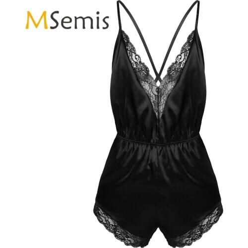 Mens Lingerie Bodysuit One-piece Adjustable Spaghetti Strap Lace Trimmed Jumpsuit Satin V-neck Pajamas Sleepwear Nightwear