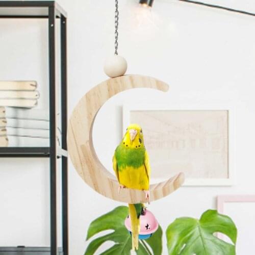 2021 NEW Parrot Moon-shaped Swing Wooden Molar Bell Toy Parrot Supplies