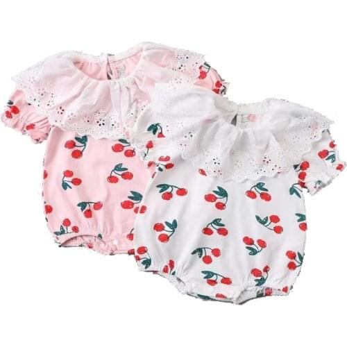 Newborn Infant Baby Girl Cute Cherry Print Romper Lace Collar Sweet Jumpsuit Bodysuit Girls Summer Casual Clothes Thin Outfits