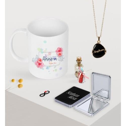 Personalized Day Today My Mom Mug Mirror and Black Enamel Necklace Seti-1
