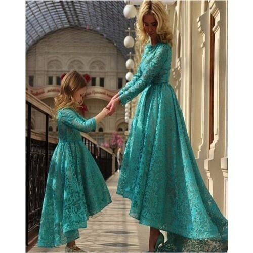 Long Sleeve Flower Girl Dress High Low Mother And Daughter Loading Turquoise Dresses First Communion Dresses For Little Girls