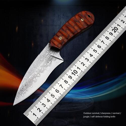 Damascus steel straight knife outdoor camping sharp self-defense hunting knife combat knife wilderness survival EDC fixed knife