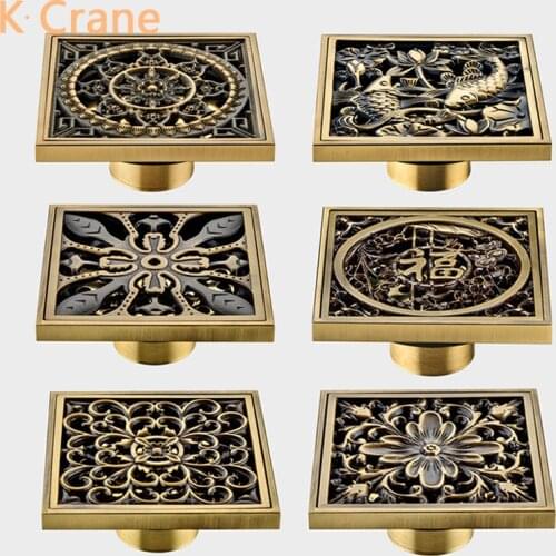 Retro Floor Drain Bathroom Anti Block Smeff Off Drains Luxury Brass Grate Waste Shower Water Stopper Square Antique Copper Cover