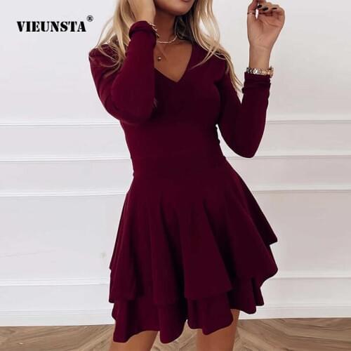 Fashion Sexy V Neck Long Sleeve Mini Dress Spring Office Lady Professional A-Line Dresses Women Ruffle Solid Party Dress Vestido
