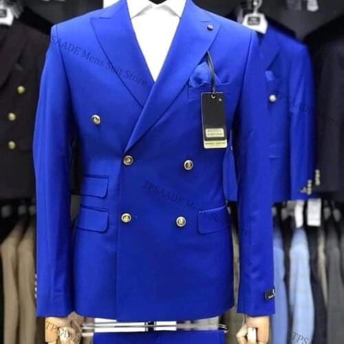 TPSAADE New Mens Royal Blue Slim Fit 2 Pieces Fashion Suit Double Breated Tuxedos Wedding Suit Blazer (Jacket+Trousers)