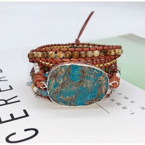 Jewelry Bohemian Bracelet Valentines Gift Boho 5X Leather Wrap Beaded Bracelet Huge OceanStone Bracelet Men Jewelry