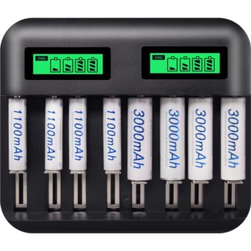 8 Slots LCD Display USB Battery Charger for AA AAA C D Size Rechargeable Battery 1.2V Ni-Mh Ni-Cd Quick Charger