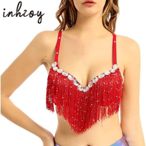 Womens Glitter Sequin Tassel Crop Top Sexy Latin Belly Dance Sequin Bra Party Club Wear Costume