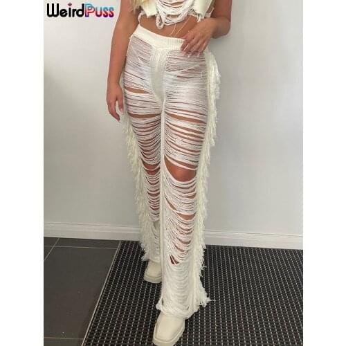 Weird Puss Ripped Side Tassel Straight Pants Women Sexy Gradient Trend Loose Party Hipster Skinny Street High Waist Trousers