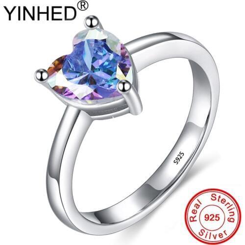 YINHED Fashion Female Wedding Band Finger Ring 100% Real S925 Silver Jewelry Heart Shape Cubic Zircon Solitaire Ring ZR599