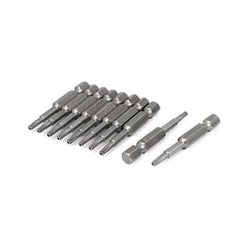 50mm Long 1/4" Hex Shank T10 Tip Magnetic Torx Screwdriver Bits 10pcs