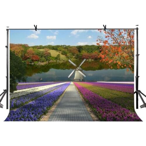 150x210cm Natural Scenery Backdrop Flowering Green Tree Windmill Nature Beauty Photography BackgroundPhoto Screen