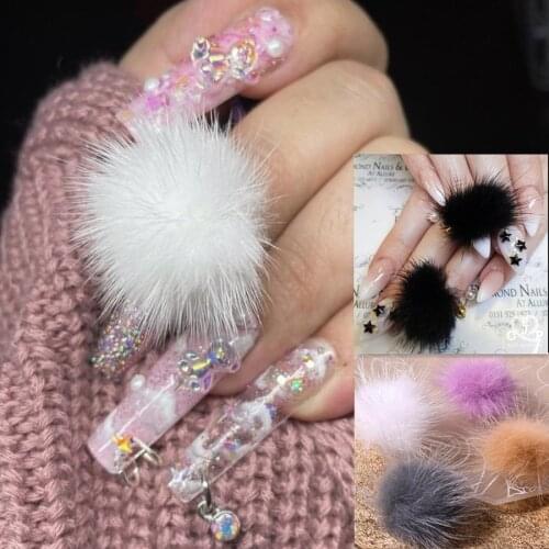 2pcs Detachable Summer Nail Pom Poms Cute Fluffy Plush Ball With Magnetic Base For Nail Tips DIY Nail Decorations