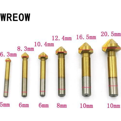 6pcs/Set 3 Flute HSS Drill Bit Titanium Three Edge Chamfer Chamfering End Mill Cutter Bit Countersink Set for Woodworking