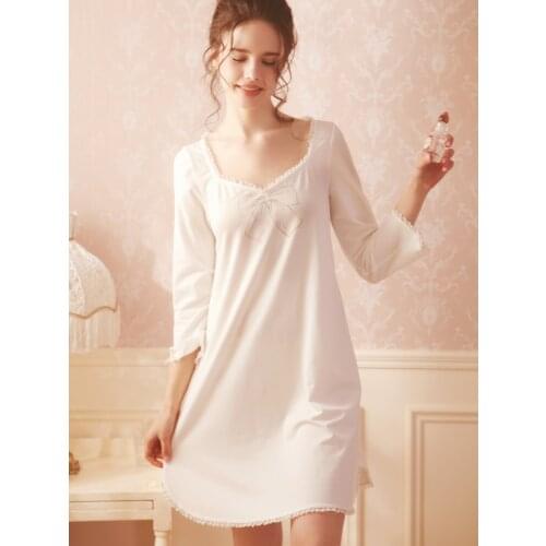 Free Shipping 2021 New Princess Nightgown Short White and Pink Womens Sleepwear Cotton pijamas Sweet Girl Nightdress femininos