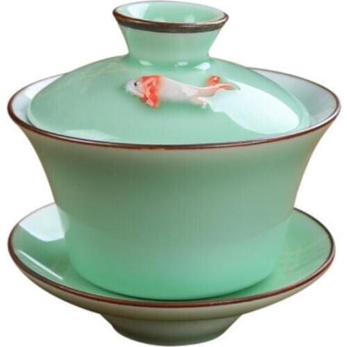 Celadon Gaiwan Teaset,kungfu Tea Bowl of Jingdezhen Blue and White Porcelain Tea Glass Ceramic White Porcelain Three of The Bowl