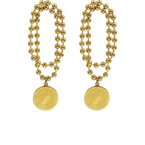 Europe light luxury retro coin portrait double-layer beaded bead chain flow suzu earrings titanium steel earrings a hair