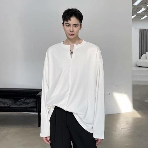 Men V-neck Long Sleeve T-shirt Male Streetwear Hip Hop Loose White Black Tees Shirts