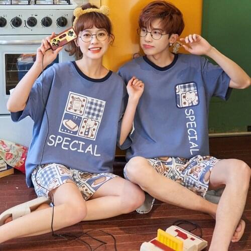 SLPBELY Cotton Couple Pajamas Set Homewear Summer Casual Homewear Lovely Cartoon Short Sleeve Shorts Lover Sleepwear Loungewear