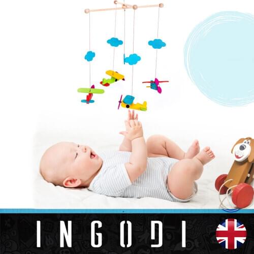 INGODI Wooden Baby Crib Cradle Mobile Play Gym Toy Activity Set, Handmade Sky and Airplane Wall Hanging Decor Baby Shower Gift