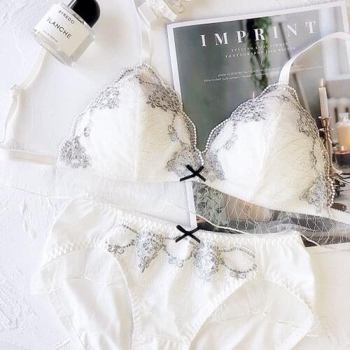 White peri cotton cup bra and panty set floral lace embroidery young girls underwear sets for student lingerie Bra & Panties