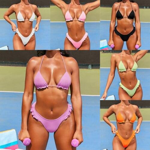 Summer Women Sexy Bikini Set Two Piece Swimsuit Solid Color Bandage Swimwear Thong Bathing Suit Beachwear